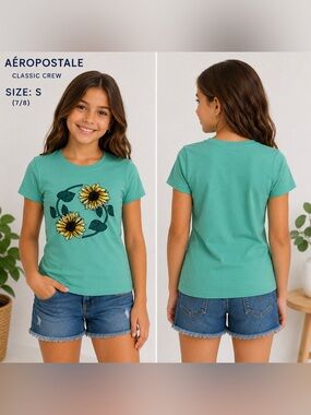 Aeropostale Girls Size S Sunflower Graphic Tee Mint Green Classic Crew
